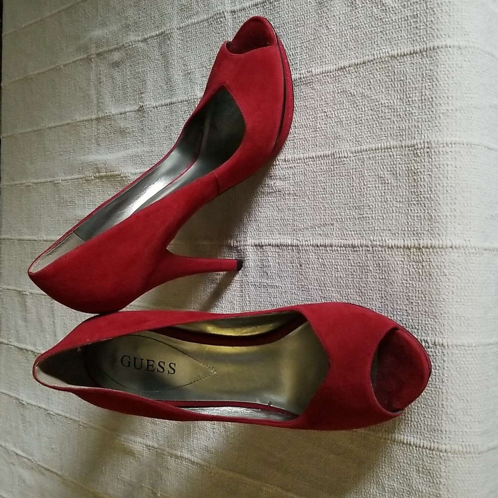Guess Red Suede Peep Toe Heels